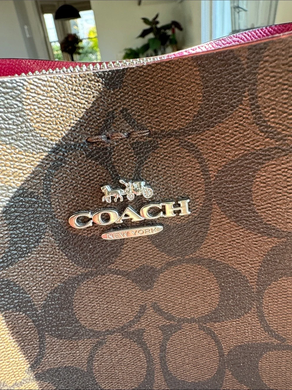 COACH Mollie monogram Bucket bag 22 in signature brown canvas with berry trim